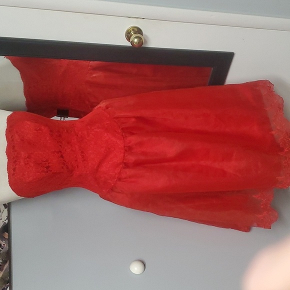 DAZZLING RED FIT N FLARE GOWN STRAPLESS LACE OVERLAY FULL ZIP BACK EMBROIDERED - Picture 4 of 16